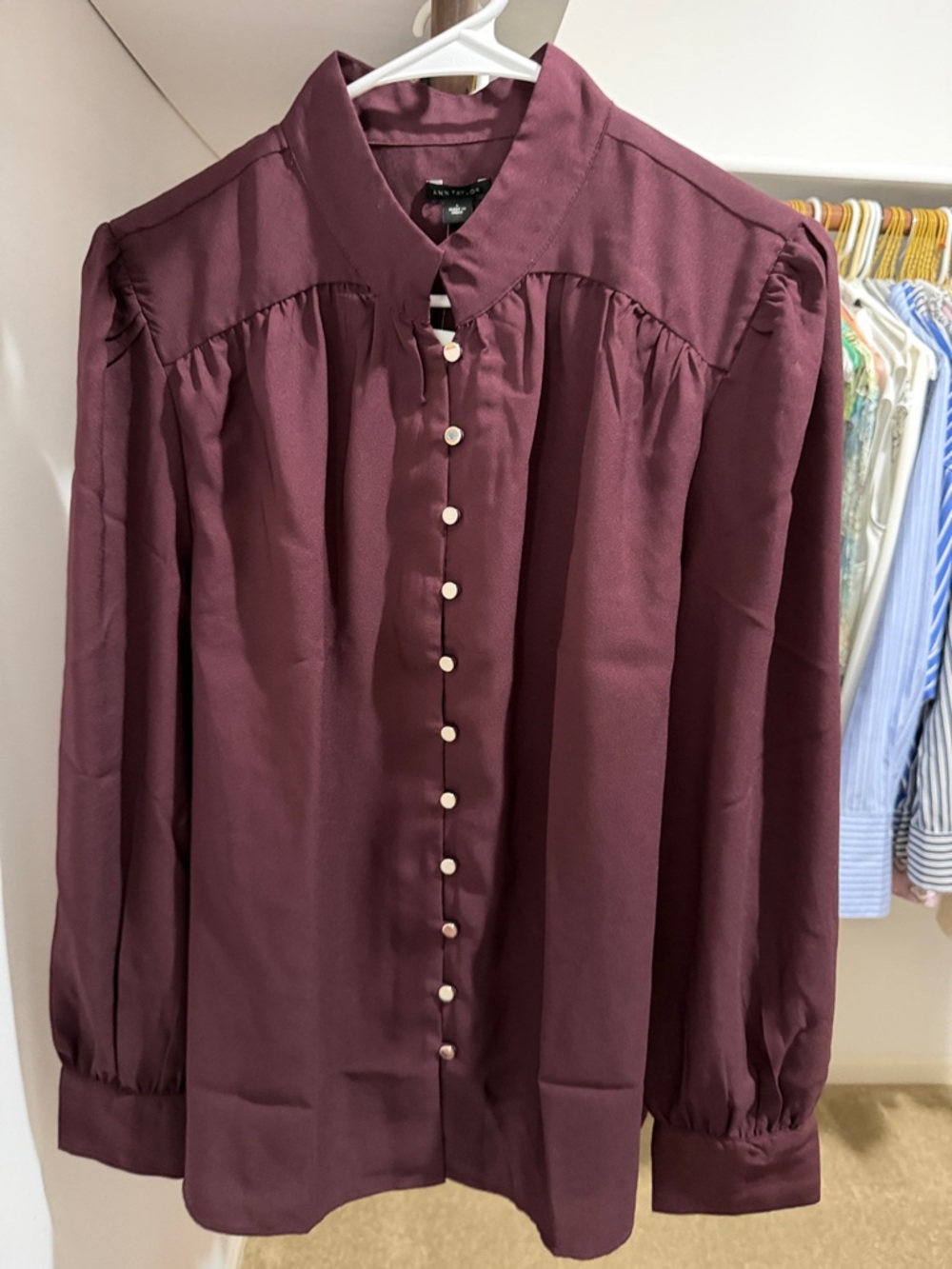 Ann Taylor Wine-Red Pearl Button Blouse